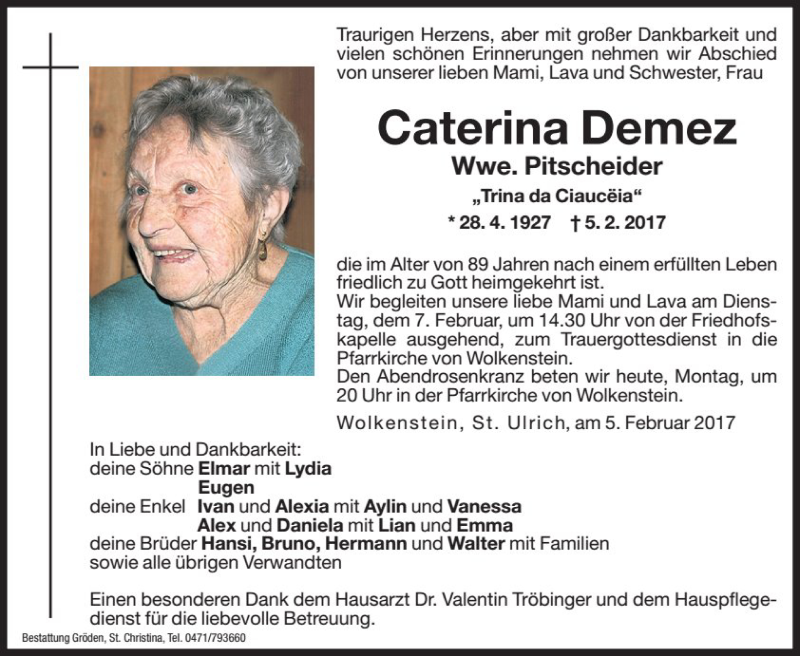  Traueranzeige für Caterina Pitscheider vom 06.02.2017 aus Dolomiten