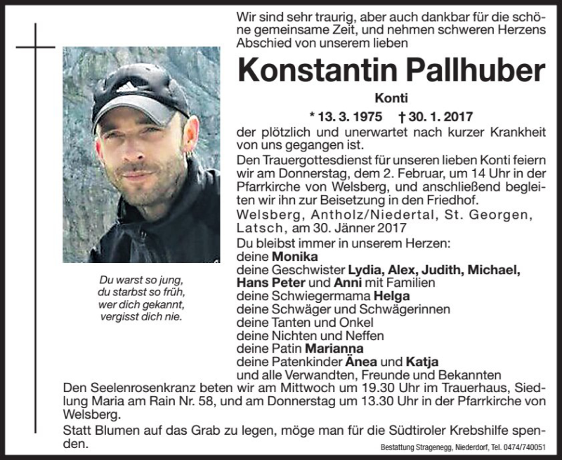  Traueranzeige für Konstantin Pallhuber vom 01.02.2017 aus Dolomiten