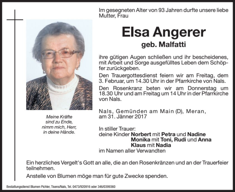  Traueranzeige für Elsa Angerer vom 02.02.2017 aus Dolomiten