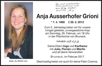 Traueranzeige von Anja Grioni von Dolomiten