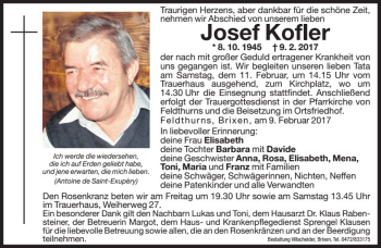 Traueranzeige von Josef Kofler von Dolomiten