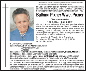 Traueranzeige von Balbina  Pixner von Dolomiten