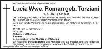 Traueranzeige von Lucia Roman von Dolomiten