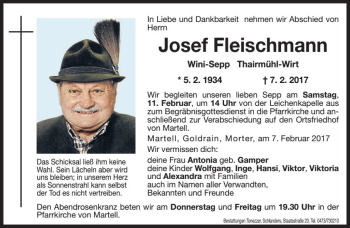 Traueranzeige von Josef Fleischmann von Dolomiten