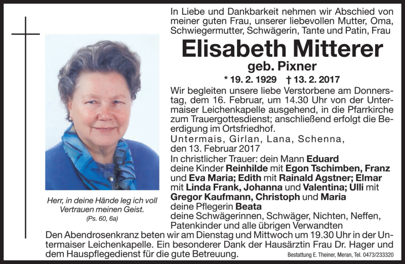  Traueranzeige für Elisabeth Mitterer vom 14.02.2017 aus Dolomiten