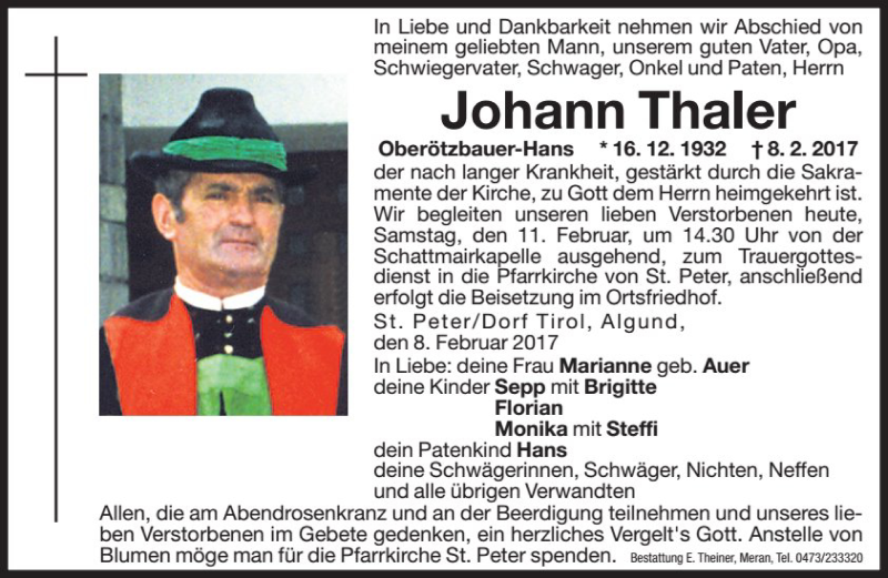  Traueranzeige für Johann Thaler vom 11.02.2017 aus Dolomiten