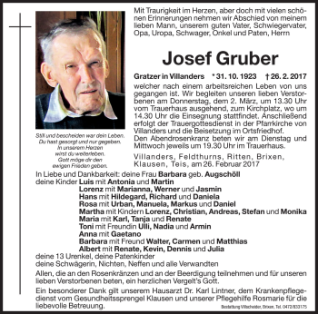 Traueranzeige von Josef Gruber von Dolomiten