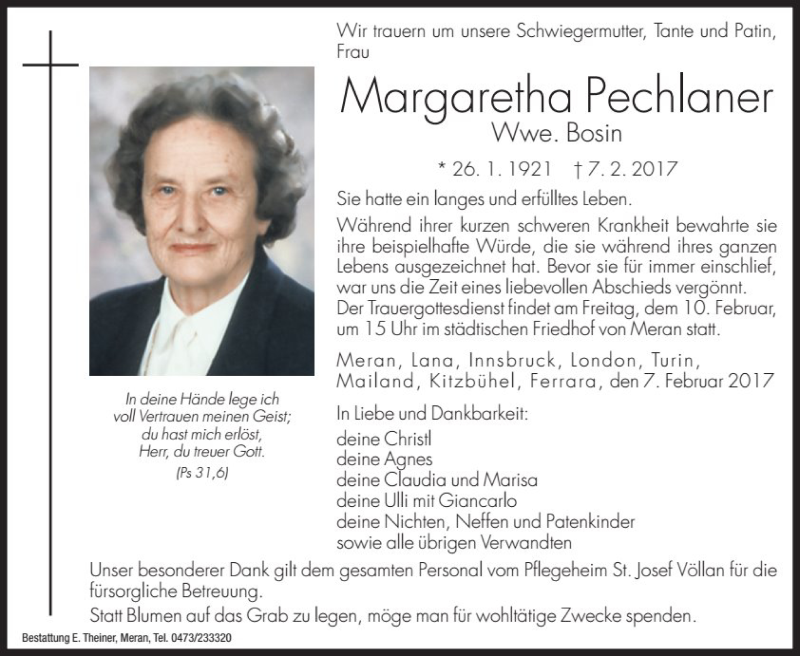  Traueranzeige für Margaretha Bosin vom 08.02.2017 aus Dolomiten