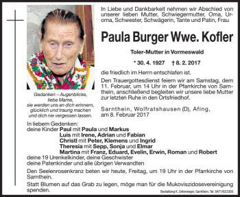 Traueranzeige von Paula Kofler von Dolomiten