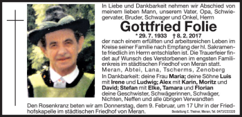 Traueranzeige von Gottfried Folie von Dolomiten