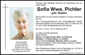 Traueranzeige von Sofia  Pichler von Dolomiten