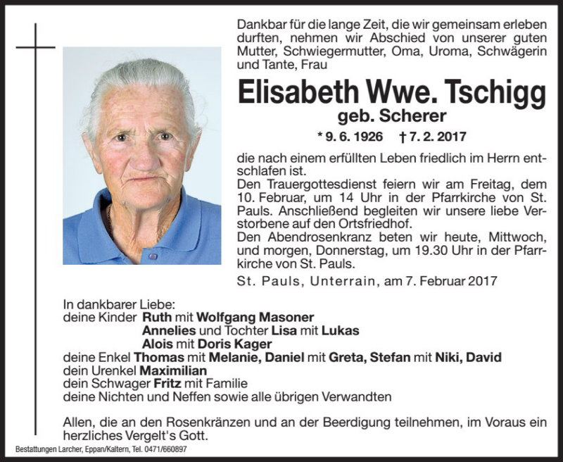 Traueranzeige für Elisabeth Tschigg vom 08.02.2017 aus Dolomiten