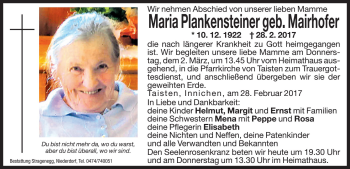 Traueranzeige von Maria Plankensteiner von Dolomiten