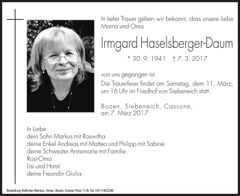 Traueranzeige von Irmgard Haselsberger-Daum von Dolomiten