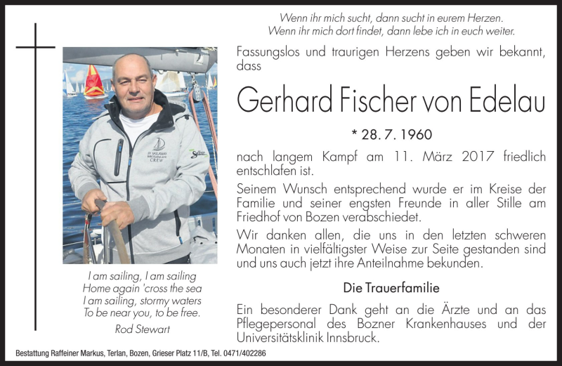  Traueranzeige für Gerhard Fischer von Edelau vom 24.03.2017 aus Dolomiten