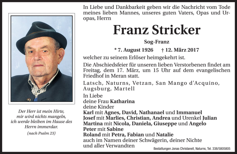  Traueranzeige für Franz Stricker vom 15.03.2017 aus Dolomiten
