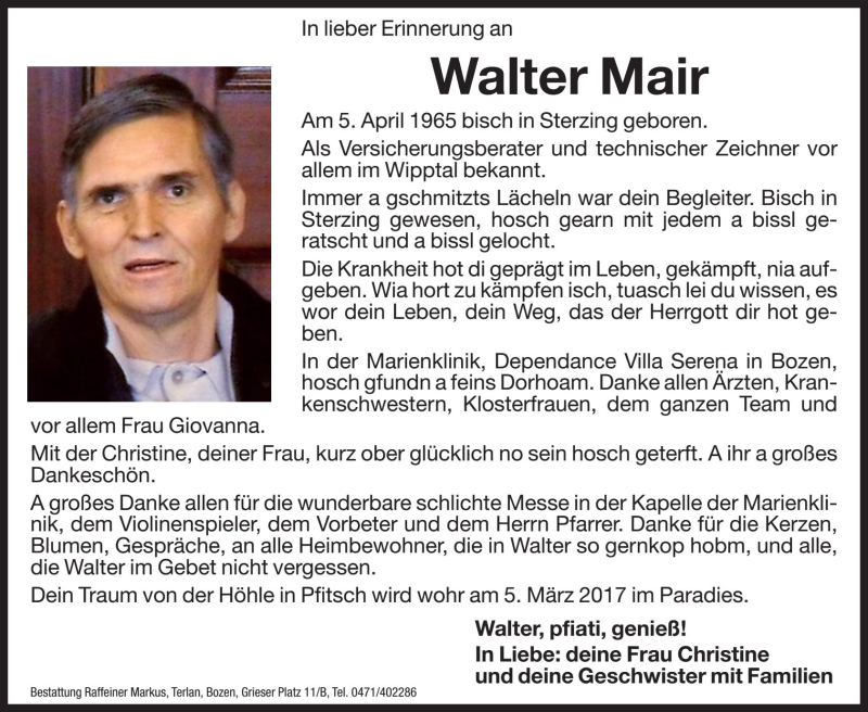  Traueranzeige für Walter Mair vom 18.03.2017 aus Dolomiten