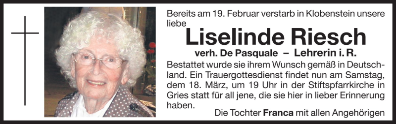  Traueranzeige für Liselinde De Pasquale vom 17.03.2017 aus Dolomiten