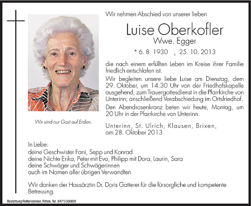  Traueranzeige für Luise Egger vom 28.10.2013 aus Dolomiten