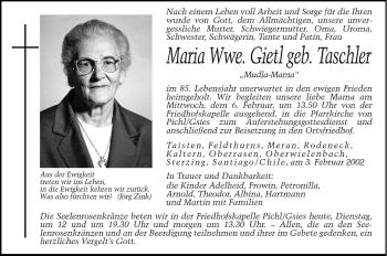 Traueranzeige von Maria Gietl von Dolomiten