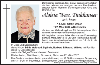 Traueranzeige von Aloisia Tinkhauser von Dolomiten