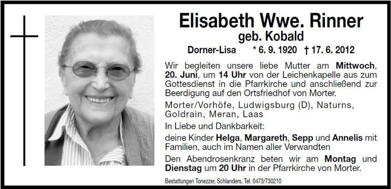  Traueranzeige für Elisabeth Rinner vom 18.06.2012 aus Dolomiten