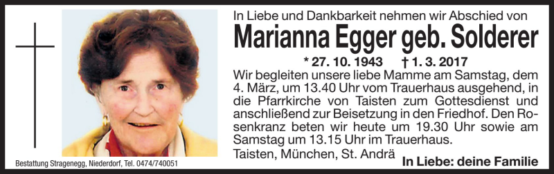  Traueranzeige für Marianna Egger vom 03.03.2017 aus Dolomiten