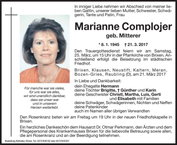 Traueranzeige von Marianne Complojer von Dolomiten