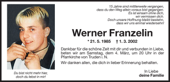 Traueranzeige von Werner Franzelin von Dolomiten