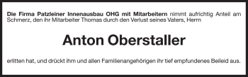 Traueranzeige von Anton Oberstaller von Dolomiten