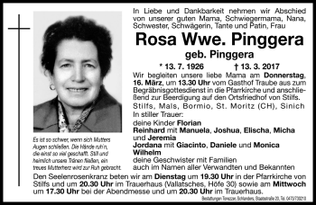 Traueranzeige von Rosa Pinggera von Dolomiten