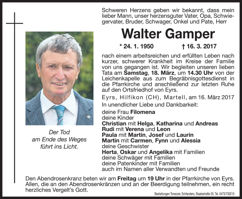  Traueranzeige für Walter Gamper vom 17.03.2017 aus Dolomiten