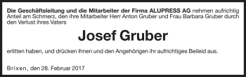 Traueranzeige von Josef Gruber von Dolomiten