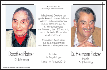 Traueranzeige von Dorothea Platzer von Dolomiten