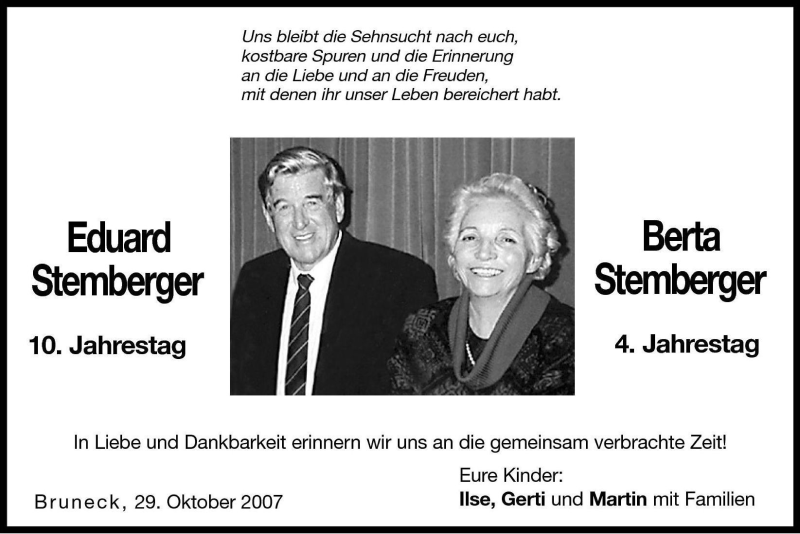  Traueranzeige für Eduard Stemberger vom 29.10.2007 aus Dolomiten