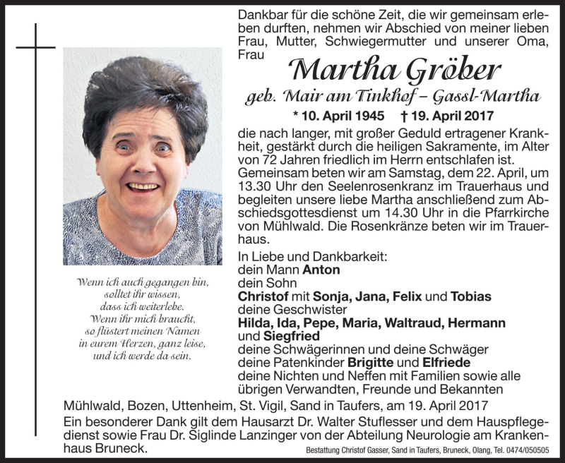  Traueranzeige für Martha Gröber vom 21.04.2017 aus Dolomiten