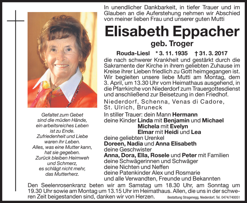  Traueranzeige für Elisabeth Eppacher vom 01.04.2017 aus Dolomiten