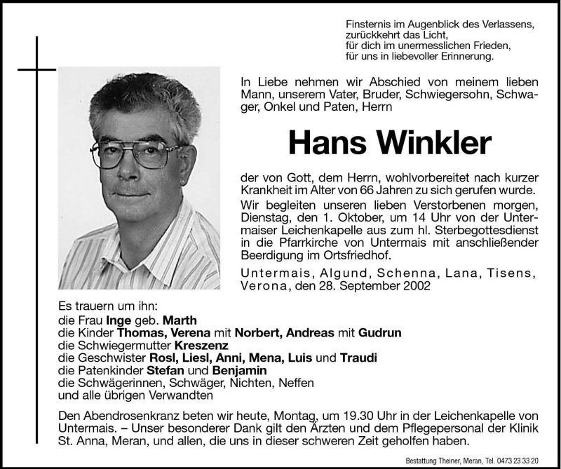  Traueranzeige für Hans Winkler vom 30.09.2002 aus Dolomiten