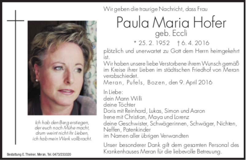  Traueranzeige für Paula Maria Hofer vom 09.04.2016 aus Dolomiten