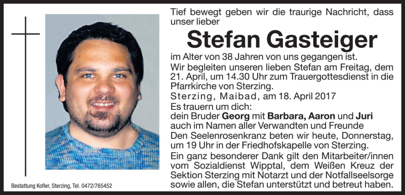  Traueranzeige für Stefan Gasteiger vom 20.04.2017 aus Dolomiten
