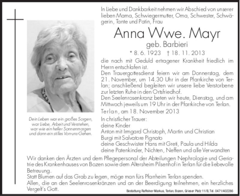  Traueranzeige für Anna Mayr vom 19.11.2013 aus Dolomiten