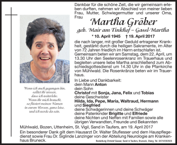 Traueranzeige von Martha Gröber von Dolomiten