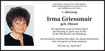 Traueranzeige von Irma Griessmair von Dolomiten