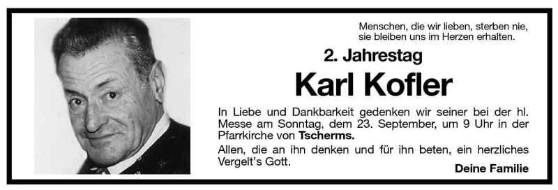 Traueranzeige für Karl Kofler vom 21.09.2001 aus Dolomiten