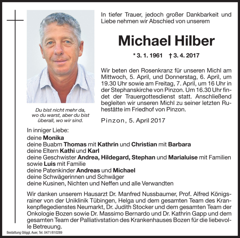  Traueranzeige für Michael Hilber vom 05.04.2017 aus Dolomiten