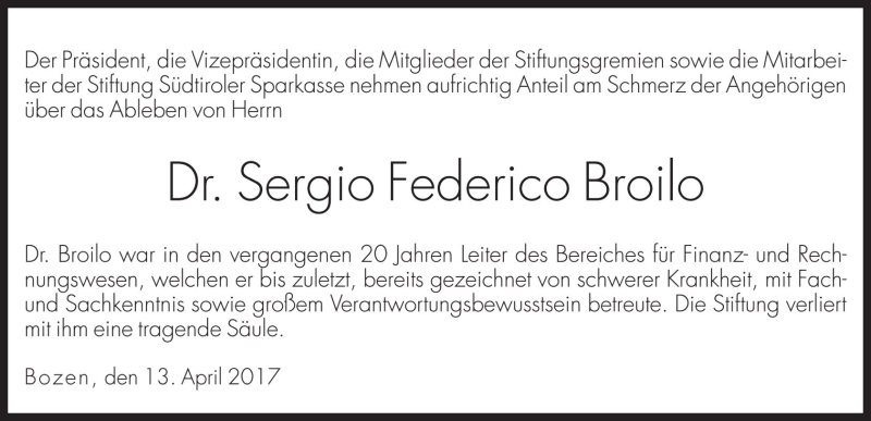  Traueranzeige für Sergio Federico Broilo vom 18.04.2017 aus Dolomiten