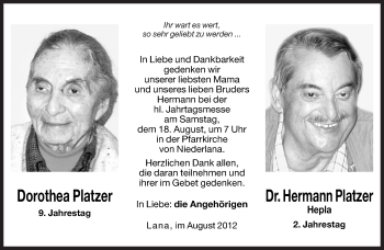 Traueranzeige von Dorothea Platzer von Dolomiten