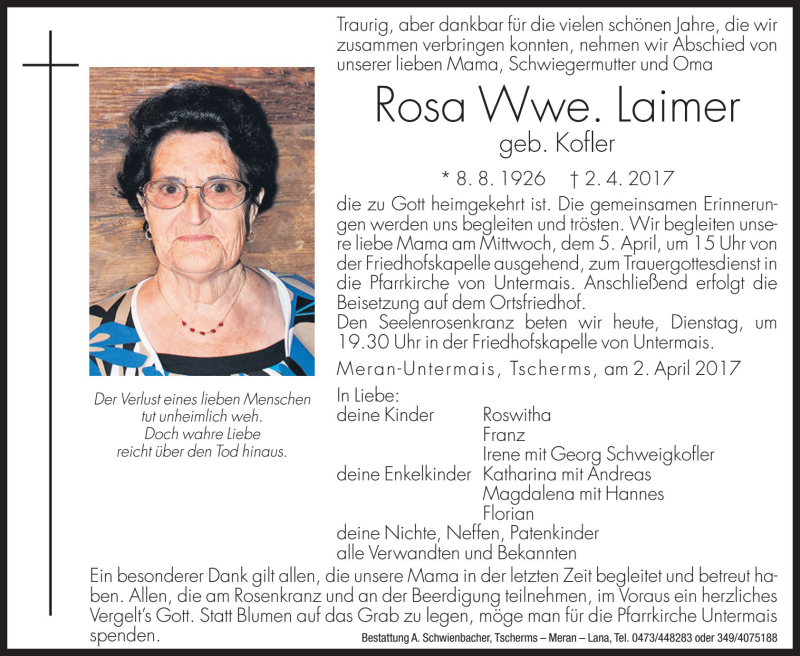  Traueranzeige für Rosa Laimer vom 04.04.2017 aus Dolomiten
