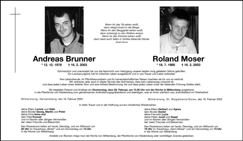  Traueranzeige für Roland Moser vom 18.02.2003 aus Dolomiten