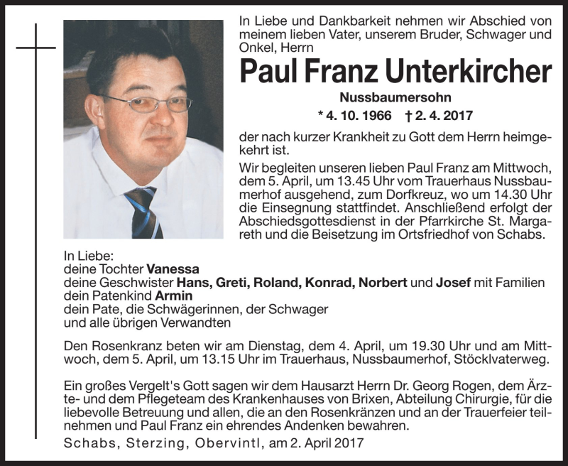  Traueranzeige für Paul Franz Unterkircher vom 04.04.2017 aus Dolomiten